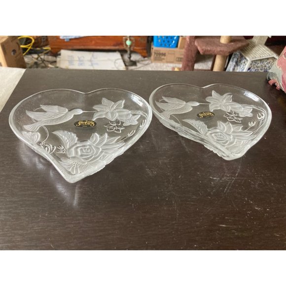 NIB CLEAR & FROSTED GLASS HUMMINGBIRD HEART- Shaped Dish Bowls Trinket Candy 6” - Picture 4 of 6